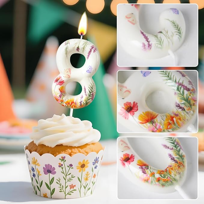 Number 8 Birthday Candle for Cake – Floral Botanical Design with Butterfly Detail – Elegant Cake Topper for Birthday, Garden Party Decoration