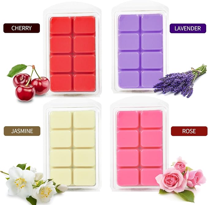 SCENTORINI Wax Melts, Scented Melts Cubes for Wax Warmers, Summer Flower Scent Wax Melts - Rose, Lavender, Jasmine, Cherry, Home Decor, 4 x 2.5 oz