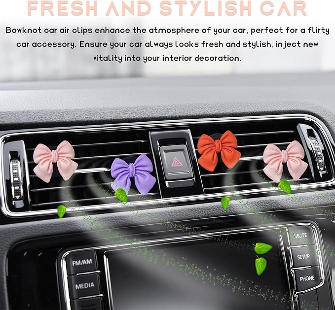 KVAEY 9 PCS Pink Bow Car Air Freshener, Automotive Cute Pink Bow Air Outlet Clips with Scent Pieces, Universal Coquette Car Air Vent Diffuser for Women and Girls (Orange+Pink+Purple)