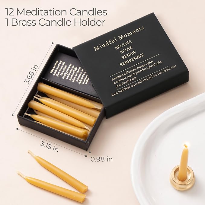 Mindful Meditation Candle Set with 12 Mini Taper Beeswax Candles with Brass Holder for Prayer & Reflection, Relaxation Gifts for Women Stress, Serenity Thinking of You Gift (3 Sets)