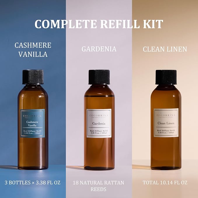 COCORRÍNA Reed Diffuser Refill Set, 10.2oz Scented Oil Refill 3 Pack, Clean Linen, Cashmere Vanilla, Gardenia, Long Lasting Oil Diffuser Refill with 18 Sticks for Bathroom & Bedroom