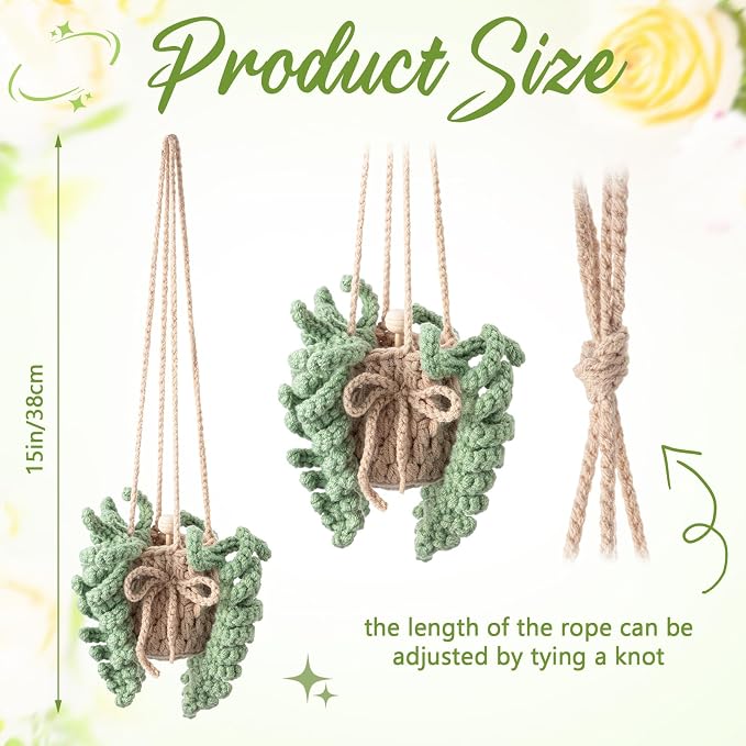 DaisyInner Cute Crochet Plant Car Freshener 12ml Empty Refillable Diffuser Bottle with Plants Hanging Accessories for Ornaments Charms Rearview Mirror Home Office Decor Women Gifts(Fern)