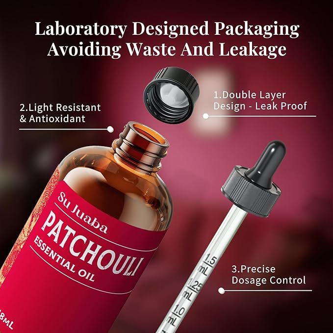 SU JUABA Patchouli Essential Oil 4 Fl Oz, Aromatherapy Oil for Diffuser, Skin Care, Perfume & Soap Making - 118ML