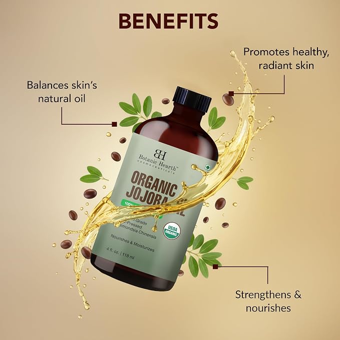 Botanic Hearth USDA Organic Jojoba Oil 4 Fl Oz |100% Pure and Natural- Cold Pressed & Hexane Free Natural Hair Growth Oil for Eyelashes, Eyebrows, Skin, Body, Face, Nails & Scalp