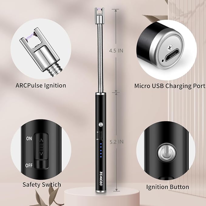 TOMOLO Electric Lighter 2 Pack, Long Flexible Neck Candle Lighter with Safety Switch, Windproof Plasma Flameless USB Rechargeable Lighters for Candles, Grill, Camping & Gas Stove (Black&Silver)