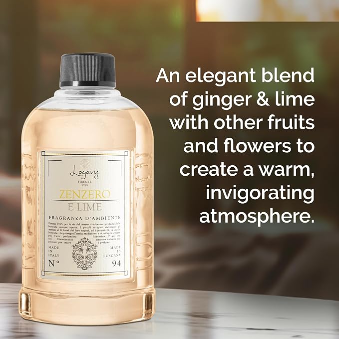 Logevy Firenze 1965 Zenzero e Lime – Ginger & Lime Luxury Home Fragrance Diffuser Refill from Master Perfumer in Italy with Spicy, Floral & Fruity Notes in Clear PET Bottle – 500ml