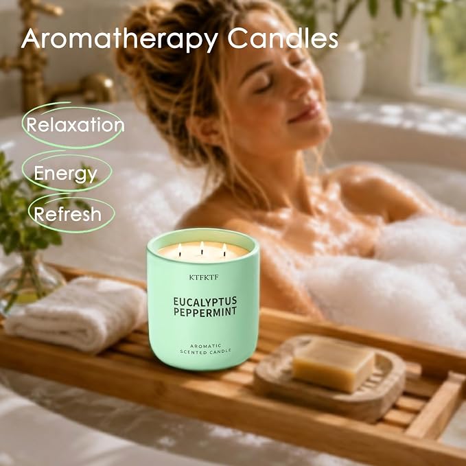 Eucalyptus Peppermint Scented Candle for Home, 14.1oz 80 Hours Long Lasting Aromatherapy Candles for Stress Relief & Energy, Non-Toxic Essential Oil & Soy Wax | Cooling Mint & Woody Aroma