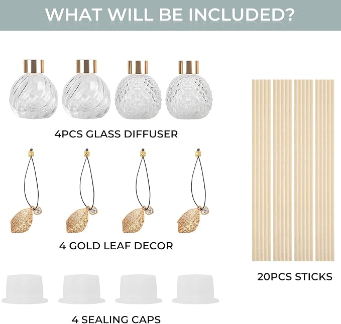 4Pcs Reed Diffuser Set with Metal Golden Decoration, Empty Reed Diffuser Bottles with 20Pcs Reed Diffuser Sticks, Unique Design Bottles for Home and Office(2 Spiky Ellipsoidal+2Twill)