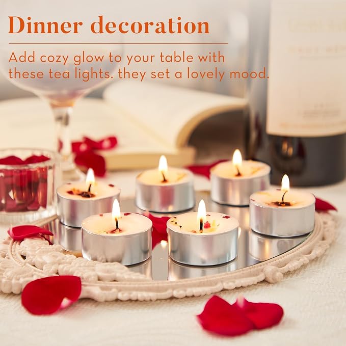 Crenovo Scented Tea Lights Candles with Dried Rose Flowers, Soy Tealight Candles, 6-7 Hours Burning Candles for Weddings, 8 Pcs Small Tea Light for Home, Spa