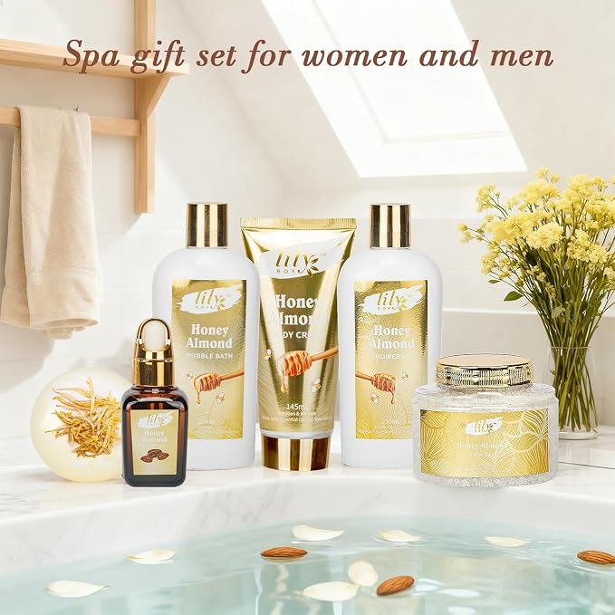 Honey Almond Spa Gifts Bath Kit - 7Pcs Moisturizing Spa Set for Women & Men