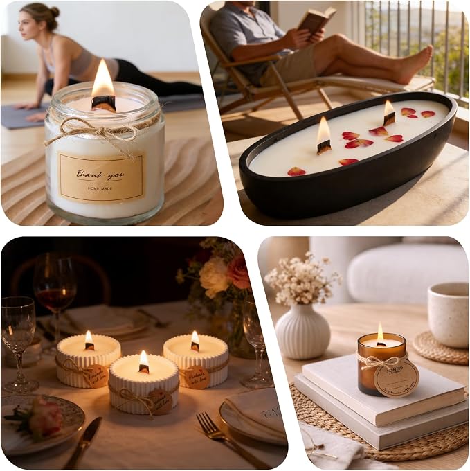 100pcs Thickened Wooden Candle Wicks Kit Include 50pcs 5.1 X 0.5 Inch Candle Making Wicks and 50pcs Metal Stand，Natural Smokeless Crackling Wood Wicks, DIY Candle Making Supplies for Beginners