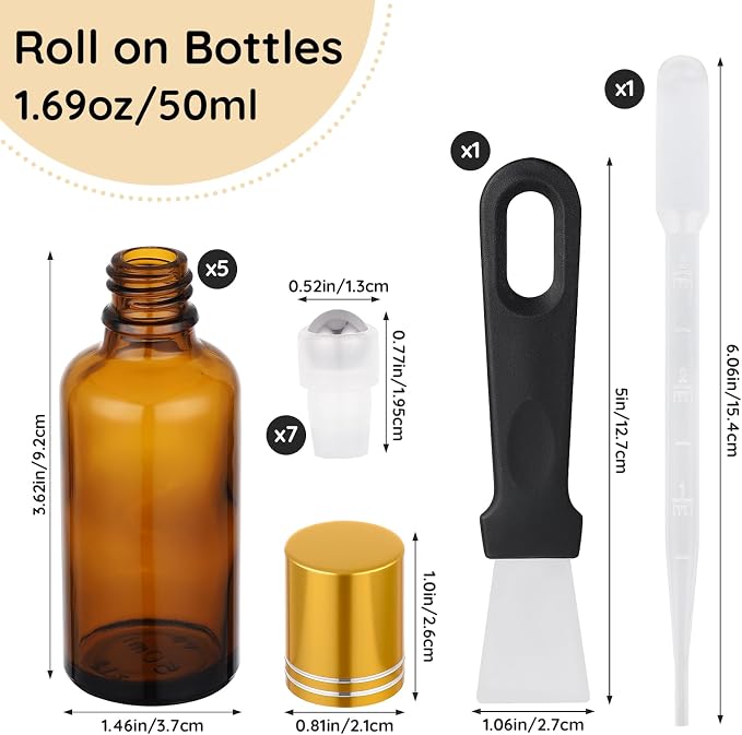 Segbeauty 1.7oz Thick Glass Amber Roller Bottles for Essential Oils, 5pcs Travel Roll On Perfume Bottles, 50ml Refillable Roller Ball Applicator for Eye Essence, Empty Rollerball Bottle for Castor Oil