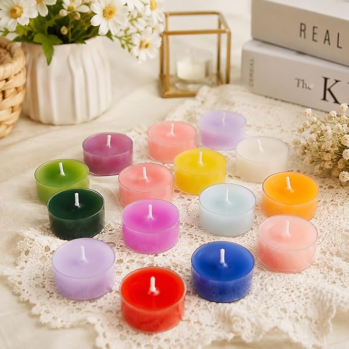 24 Color 6 Scented Tealight Candles, Colorful Scent Tea Lights Candles Clear Cup, 24 Pack Colored Tealights Candle, 6 Hour Burn Time Tea Candles for Party, Decor, Spa, Shabbat