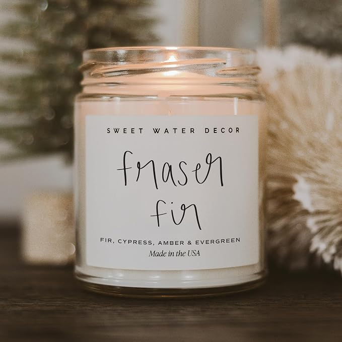 Sweet Water Decor Fraser Fir Candle - Evergreen, Cedar, Winter Holiday Scented Soy Christmas Candles for Home - 9oz Clear Jar, 40 Hour Burn Time, Made in the USA