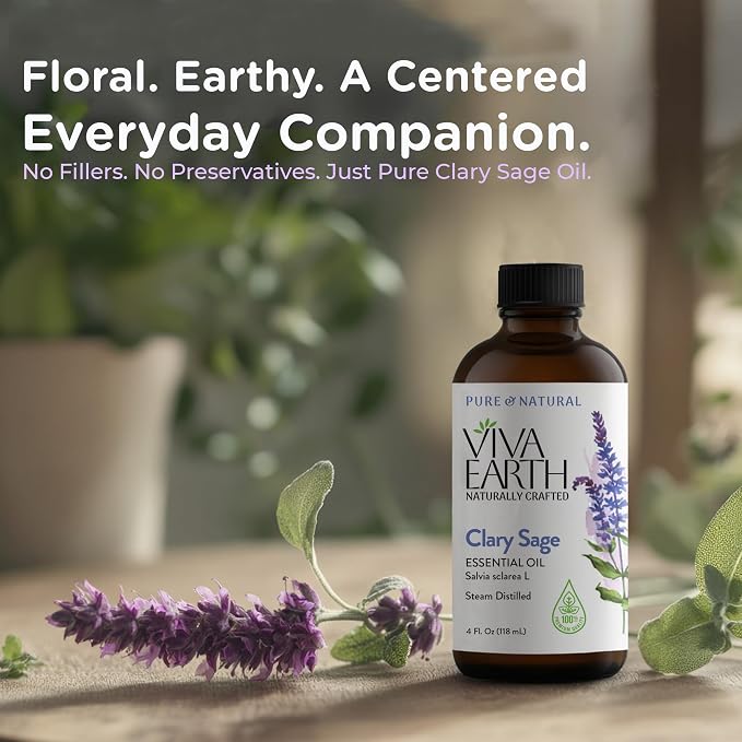 Clary Sage Essential Oil – 100% Pure and Natural Clary Sage Aroma for Diffusers, Aromatherapy, Hair and Scalp Care, Skin Care, Massage Oils, Soap and Candle Making – with Dropper, 4 oz