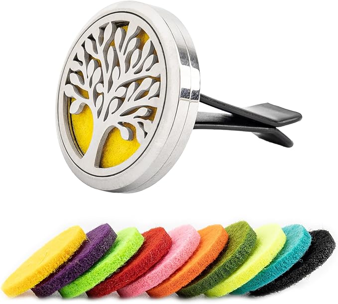 AUEAR, Tree of Life Car Diffuser Vent Clips Aromatherapy Essential Oil Diffusers 30mm Stainless Steel Lockets with 10 Felt Refill Pads
