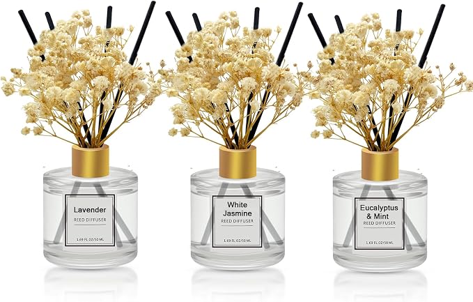 Reed Diffuser Set of 3 Pack,Eucalyptus & Mint,Lavender,White Jasmine Scented Oil Diffuser with 4 Sticks,Reed Diffusers for Home,Living Room,Bathroom Air Freshener Diffuser,50ml x 3