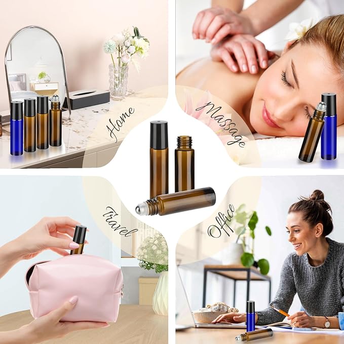 10ML Essential Oil Roller Bottles, 4 Pack Brown and Blue Oil Roller Bottles for Essential Oils, Roll on Bottle with Stainless Steel Balls(4 Labels, Opener, Funnel, Dropper Included)