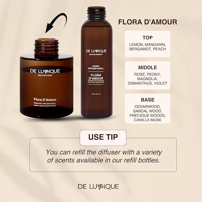 Flora D'Amour Scent Reed Diffuser Refill, Premium Essential Oils, 150ml/5.07 fl oz, Long-Lasting 8-12 Weeks