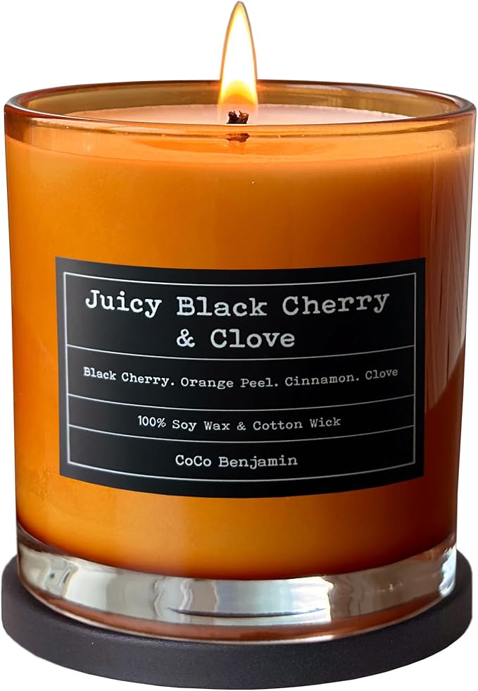 100% Natural Soy Wax Candle by CoCo Benjamin - Highly Scented & Hand-Poured Luxury Candle (Juicy Black Cherry & Clove)- Clean Burning Cotton Wick