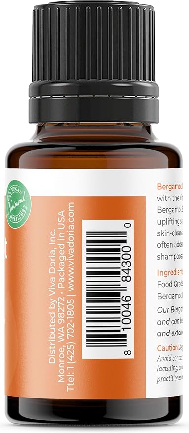 Viva Doria Bergamot Essential Oil, 100% Pure, Natural, Italian Bergamot Essential Oil, Undiluted, for Aromatherapy | Food Grade, 15 mL (0.5 Fluid Ounce)