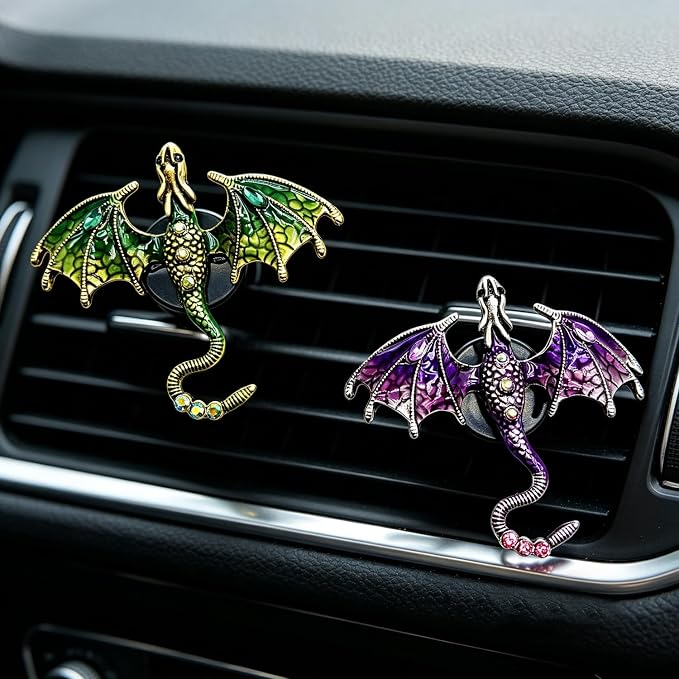 2 Pcs Bling Dragon Car Air Freshener Vent Clips, Crystal Rhinestone and Enamel Dragon Air Vent Clips Car Diffuser Cute Car Interior Decoration Accessories for Women Gift (Green Purple)