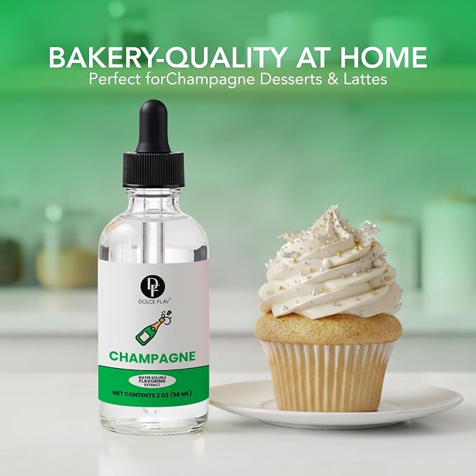 Dolce Flav Natural Champagne Extract – Concentrated Flavoring for Baking, Beverages & Candy Making – Water Soluble Liquid Flavor Drops – Professional Strength Food Grade Flavoring – 2 Fl Oz
