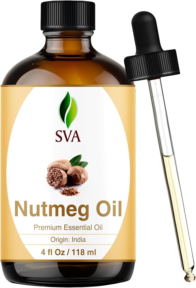 SVA Nutmeg Essential Oil – 4 Fl Oz – 100% Natural Nutmeg Oil - for Diffuser, Hair Care, Face, Skin Care, Aromatherapy, Scalp and Body Massage, Soap and Candle Making – with Dropper