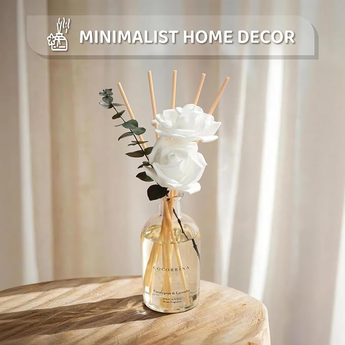 COCORRÍNA Reed Diffuser - Eucalyptus Lavender Scent, 6.76 fl oz Essential Oil with 8 Reed Sticks - Home Fragrance for Bedroom Bathroom Shelf Décor