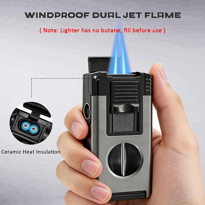 5-in-1 Dual Jet Flame Butane Torch Lighter Built-in V Cutter, Punch, Holder, Draw Enhancer Tool, Windproof Refillable Butane Lighter Gift for Men, Cool Lighters for Candle, Outdoor (No Gas)