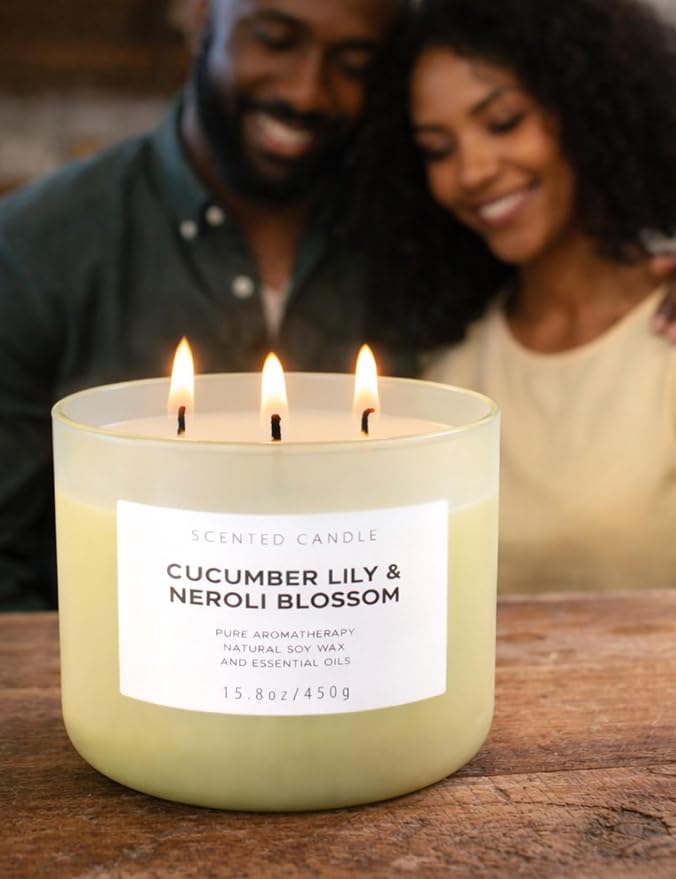 Cucumber Lily & Neroli 3-Wick Soy Floral Scented Candle for Women, 15.8oz | Orange Blossom & Citrus Notes, Aromatherapy, Large Jar, Clean Burn, Home, Bath & Bedroom, Gift for Her, Housewarming