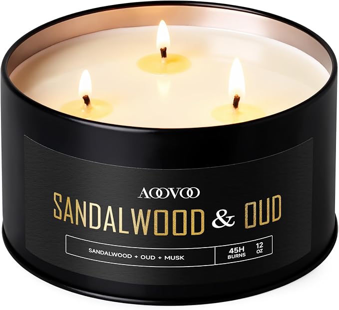 AOOVOO Sandalwood Oud Candles for Men - 3 Wick 12oz Large Scented Candle, Long Lasting Soy Candles for Home Scented, Strong Fragranced Masculine Black Candle Gift for Father Day, Women & Men