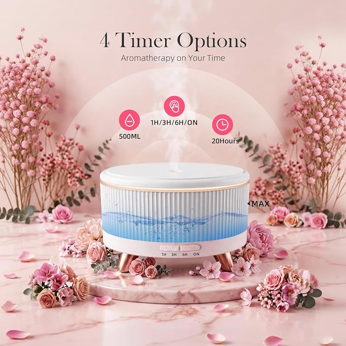 Premium Ultrasonic Essential Oil Diffuser: 500ML Large Capacity, 7-Color Mood Lighting, Remote Control, Timer, Cool Mist Humidifier for Long-Lasting Aromatherapy in Home, Bedroom, Yoga (White)