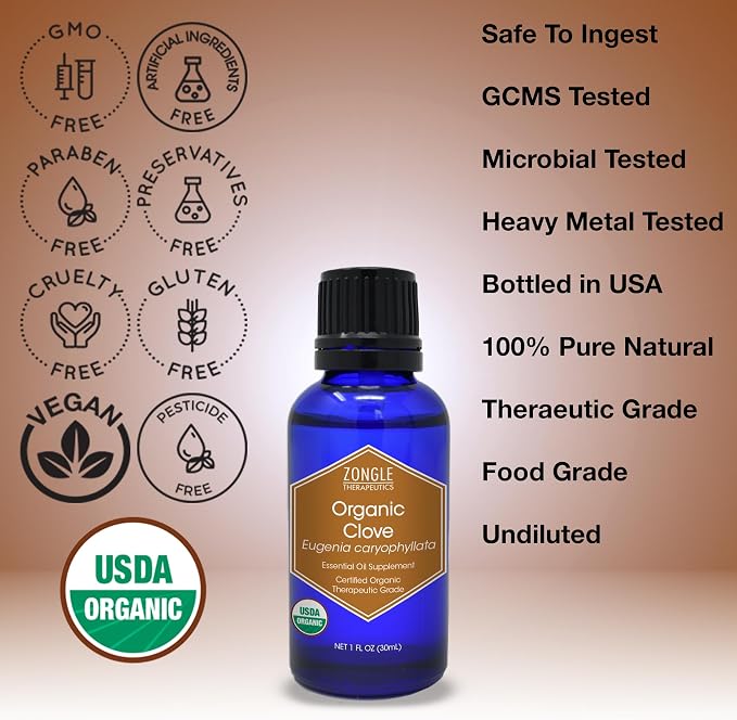Organic, Clove Oil, Food Grade – 100% Pure, Clove, Bud, Essential, Oil, by Zongle Therapeutics, 1 OZ