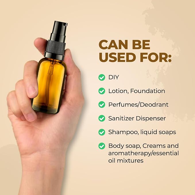 VitalUp 8 Pack Empty Refillable Glass Amber Pump Bottle Ideal for Lotion Cream Essential Oil Travel Small Container, 30ml