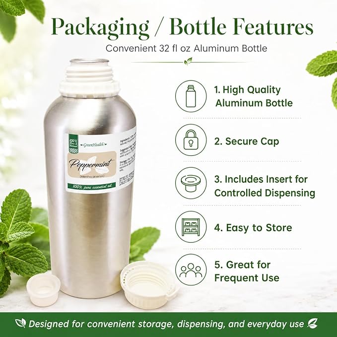 GreenHealth Peppermint Essential Oil – 32 fl oz (946 ml) – 100% Pure & Uncut – Strong Menthol Scent – Aluminum Bottle with Plug Cap – for Diffusers, Cleaning, DIY