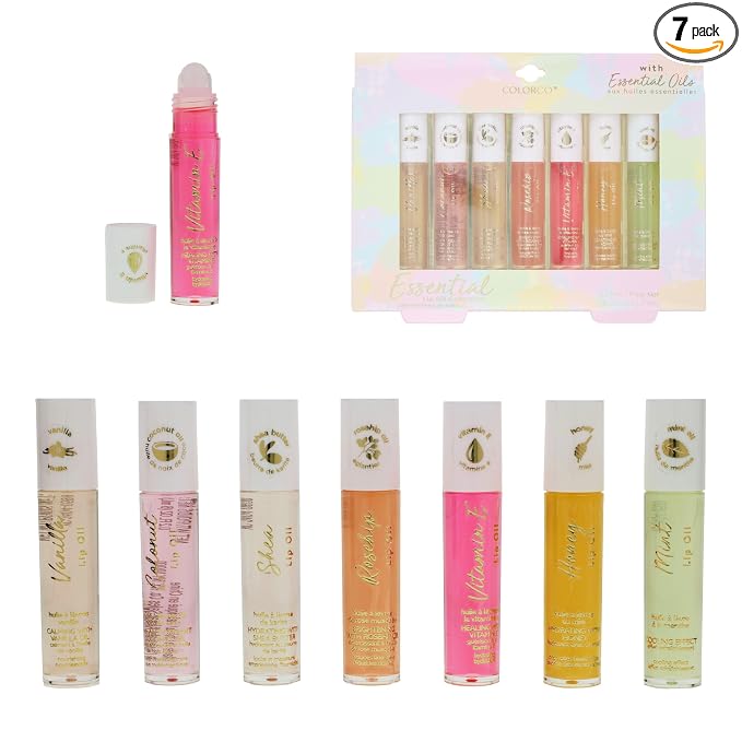 Expressions 7pc Lip Oil Set, Hydrating Roll-On Lip Oils Infused w/Essential Oils - Rollerball, Vitamin-Enriched