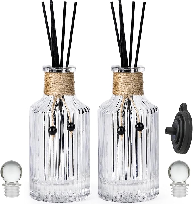 Reed Diffuser Bottle Set of 2 Glass Diffuser Bottles 8oz/250ml Empty Clear Decorative Bottle with Stoppers and Reed Sticks Bulk Reusable Perfume Jar
