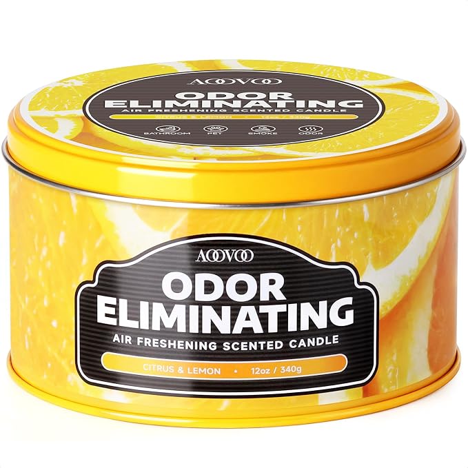 AOOVOO Citrus Lemon Odor Eliminating Candle - 3 Wick 12oz Long Lasting Highly Fragranced Candle, Eliminates 95% of Smoke, Food, Pet and Other Smells Quickly, Large Air Freshing Soy Candles