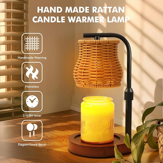 Candle Warmer Lamp with Timer & Dimmer - Electric Wax Melt Warmer with Adjustable Height for Scented Candles, Rattan Design for Home Decor, Mothers Day Gifts, Housewarming (Gold)