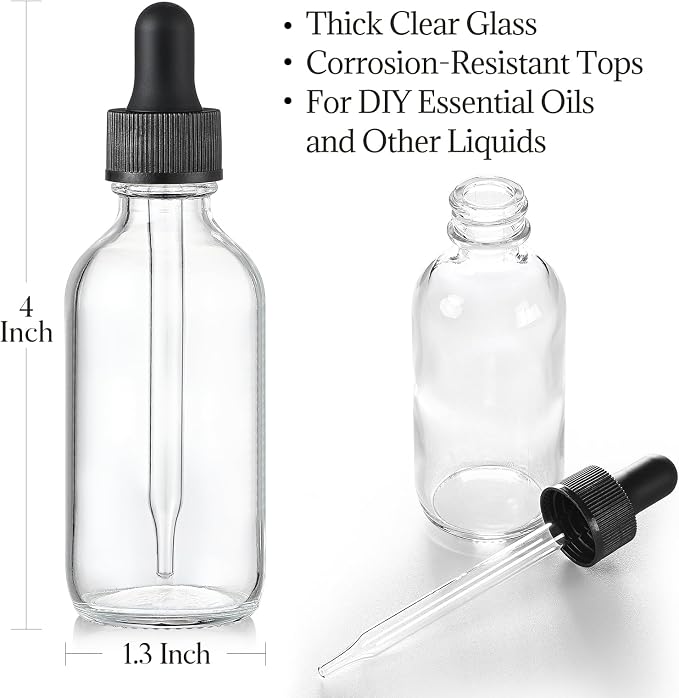 Set of 4, 1 oz Clear Eye Dropper Bottles with 1 Stainless Steel Funnels & 4 Labels - Black Caps 30ml Thick Glass Tincture Bottles - Leakproof Essential Oils Bottles for Health, Personal Care & Beauty