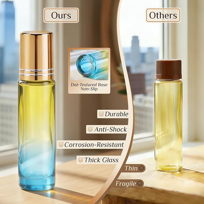 PrettyCare 12 Pack, 10 ml Essential Oil Roller Bottles with Stainless Steel Roller Ball - Refillable Leak-proof Empty Thick Blue& Yellow Glass Roll on Bottles with Golden Caps for Travel, Perfume