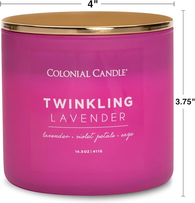 Colonial Candle Pop of Color Twinkling Lavender 14.5 Oz Scented Matt Glass Jar Candle, Three Premium Cotton Wicks