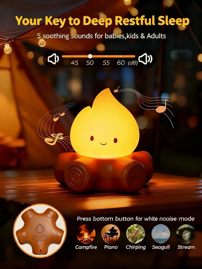 3 Pcs Campfire Night Light, Rechargeable Flame Lamp with 5 White Noise, Dimmable Flameless Candles Lights, Portable LED Ambiance Light for Camping Indoor Outdoor Holiday Decor Gifts