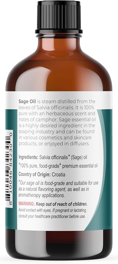 Viva Doria Sage Essential Oil, 100% Pure, Natural, Dalmatian Sage Essential Oil, Undiluted, for Aromatherapy | Food Grade, 118 mL (4 Fluid Ounce)