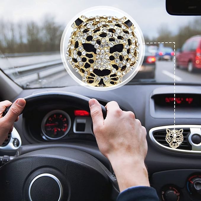 2 Pcs Bling Leopard Air Vent Clips, Crystal Leopard Car Air Fresheners Vent Clips Car Diffuser Vent Clip Rhinestone Decoration Interior Decor Diamond Bling Accessories for Women (Golden)