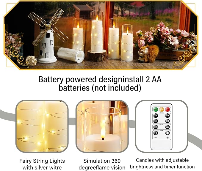 Flameless Candles with Embedded Star String, 12 Pcs Battery Operated LED Pillar Candles with Remote and Timer, Suitable for Home Decor, Party, Christmas & Wedding (White)