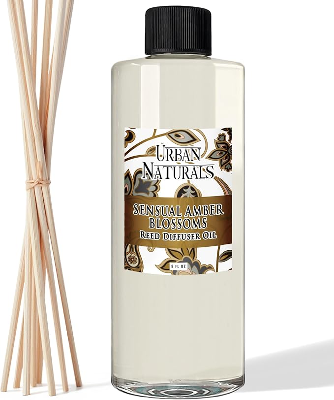 Urban Naturals Reed Diffuser Oil Refill Sensual Amber Blossoms with Jasmine, Freesia, Plum, Orange Blossom, Vanilla 8 oz + Free Reed Sticks, Made in the USA