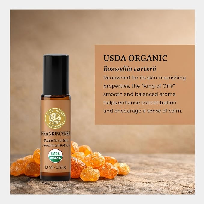Silk Road Organic Frankincense Carterii Essential Oil Roll On, 100% Pure USDA Certified Aromatherapy for Radiant Skin, Body Aches, Stress Relief, & Calm - 10 ml Roller