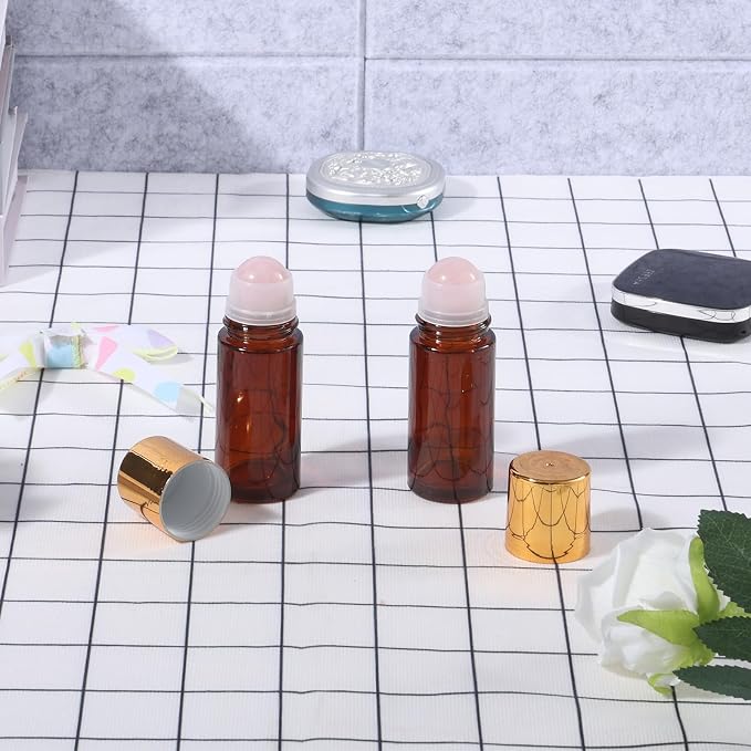 2 Pack 1.7oz Large Amber Glass Roll on Bottles for Essential Oils, Refillable Roller Ball Applicator with Rose Quartz Roller Ball, Perfume Deodorant Containers, Leak-Proof for Aromatherapy & Skincare
